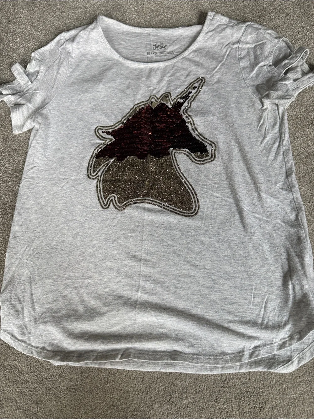 Justice Gray Tee with Reversible Sequin Unicorn - Red and Gold Accents